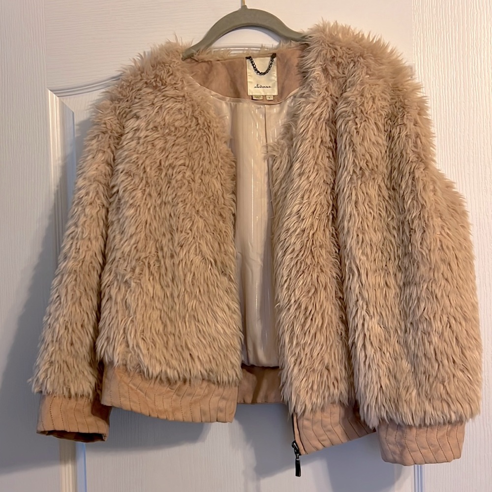 Anthro dusty rose pink faux fur bomber